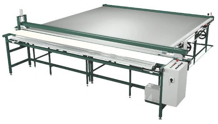 Industrial fabric cutting table with electric rotary knife and ultrasonic knife (series C/CR/CS/CRS)